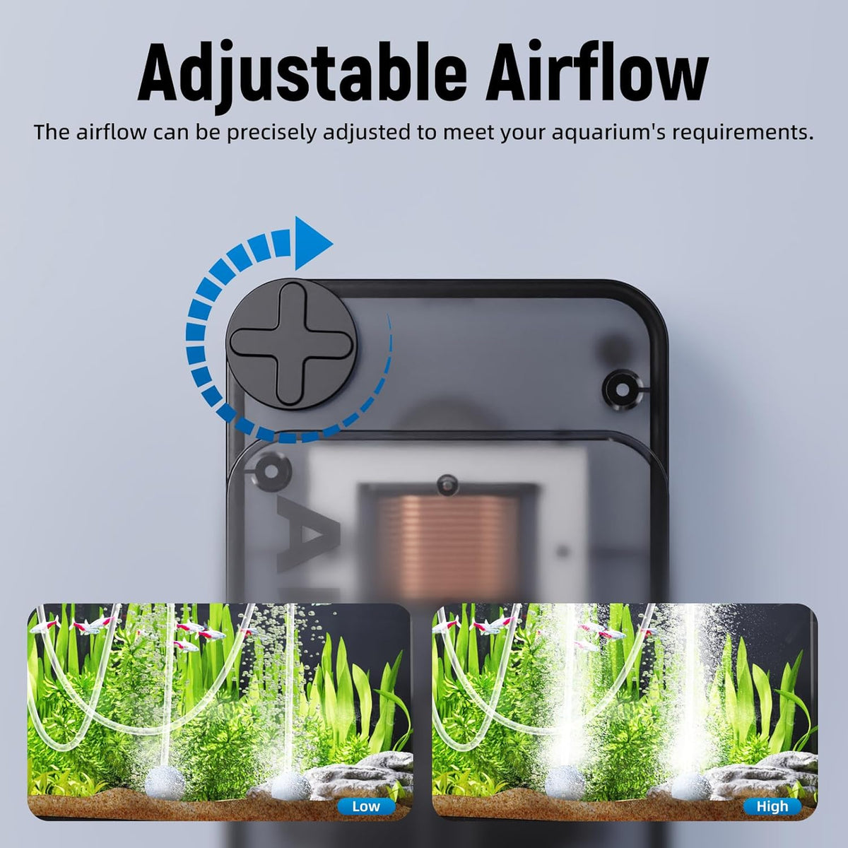 Compact Aquasmith air pump showing side profile and design