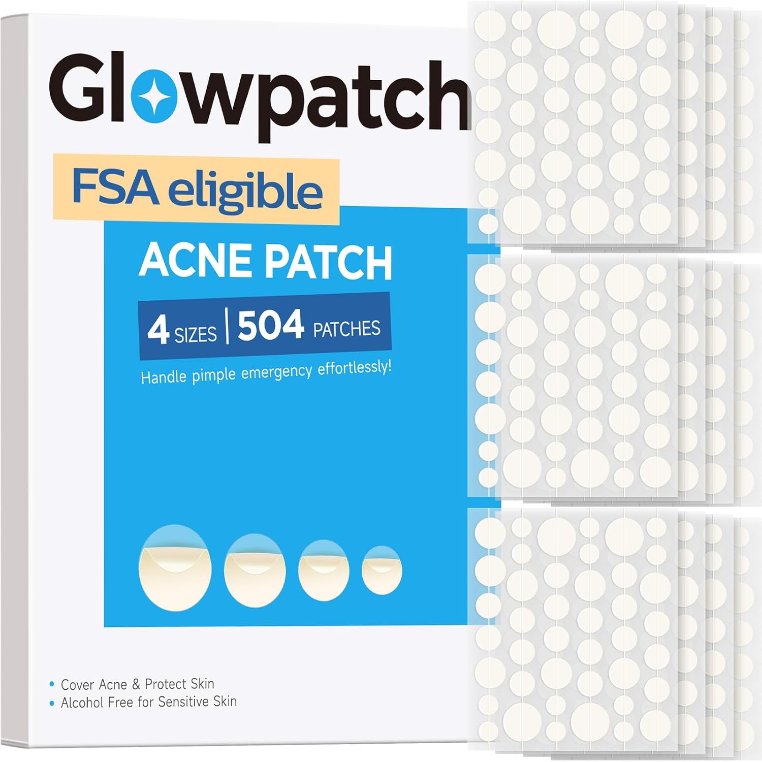 Glowpatch hydrocolloid pimple patches for face front view bulk pack packaging