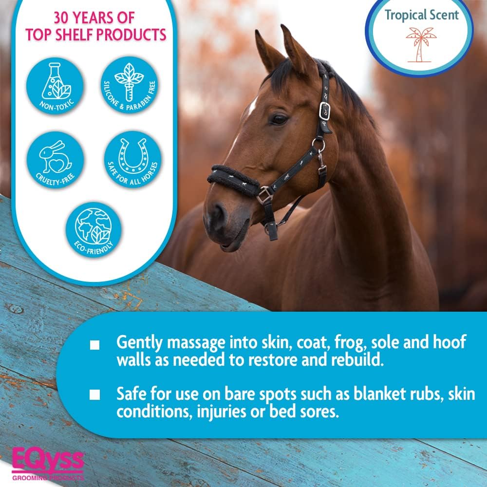 Eqyss grooming products equine cell rebuilder packaging showing USA premium import details.
