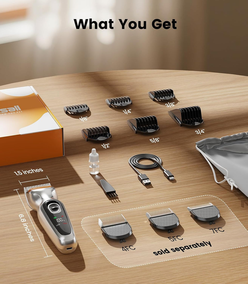 Detachable metal blade assembly on premium silver pet grooming clippers.