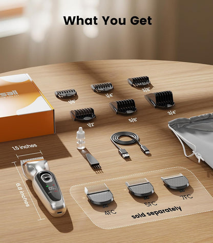Detachable metal blade assembly on premium silver pet grooming clippers.