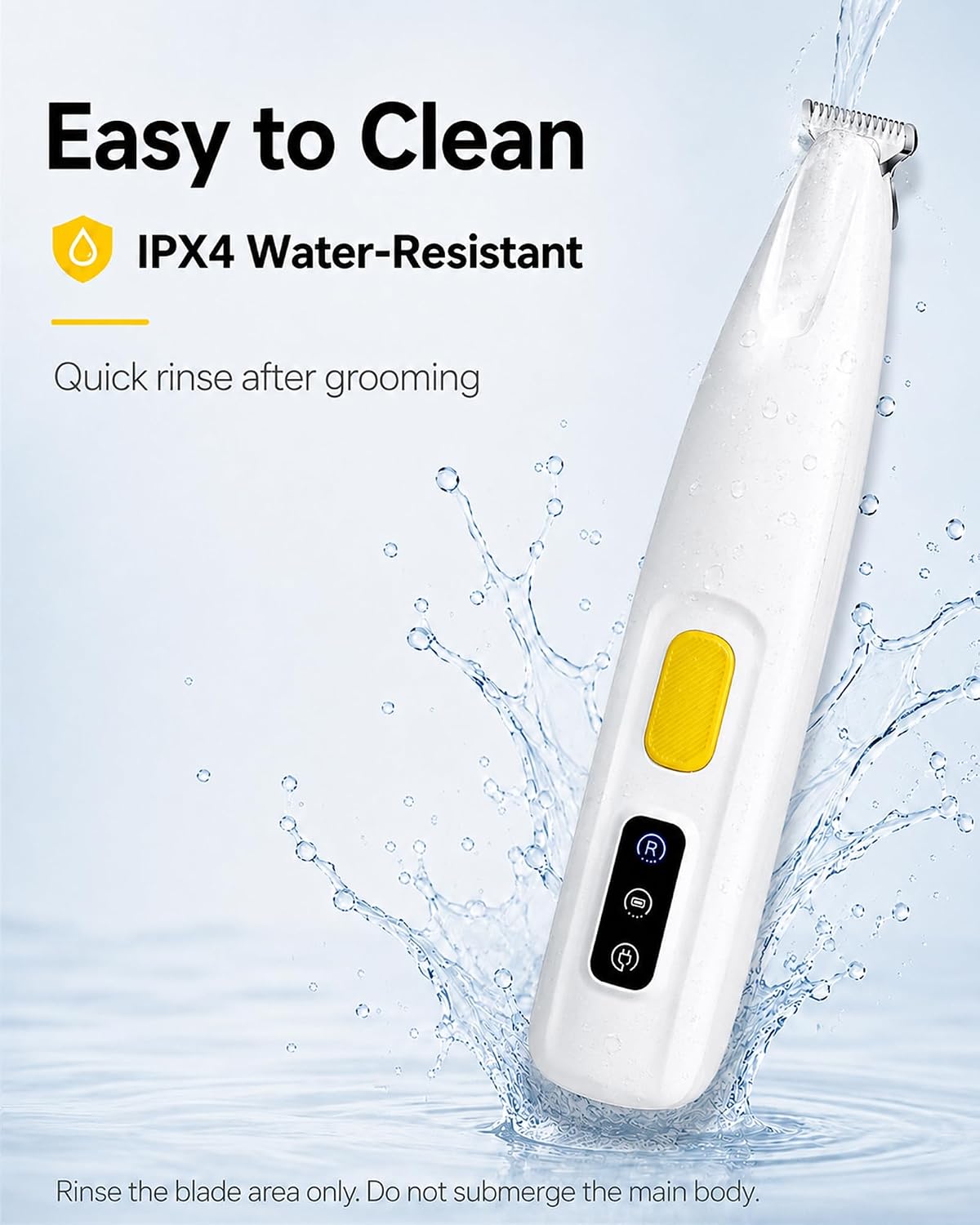 Furbona waterproof pet shaver being rinsed under running tap water.