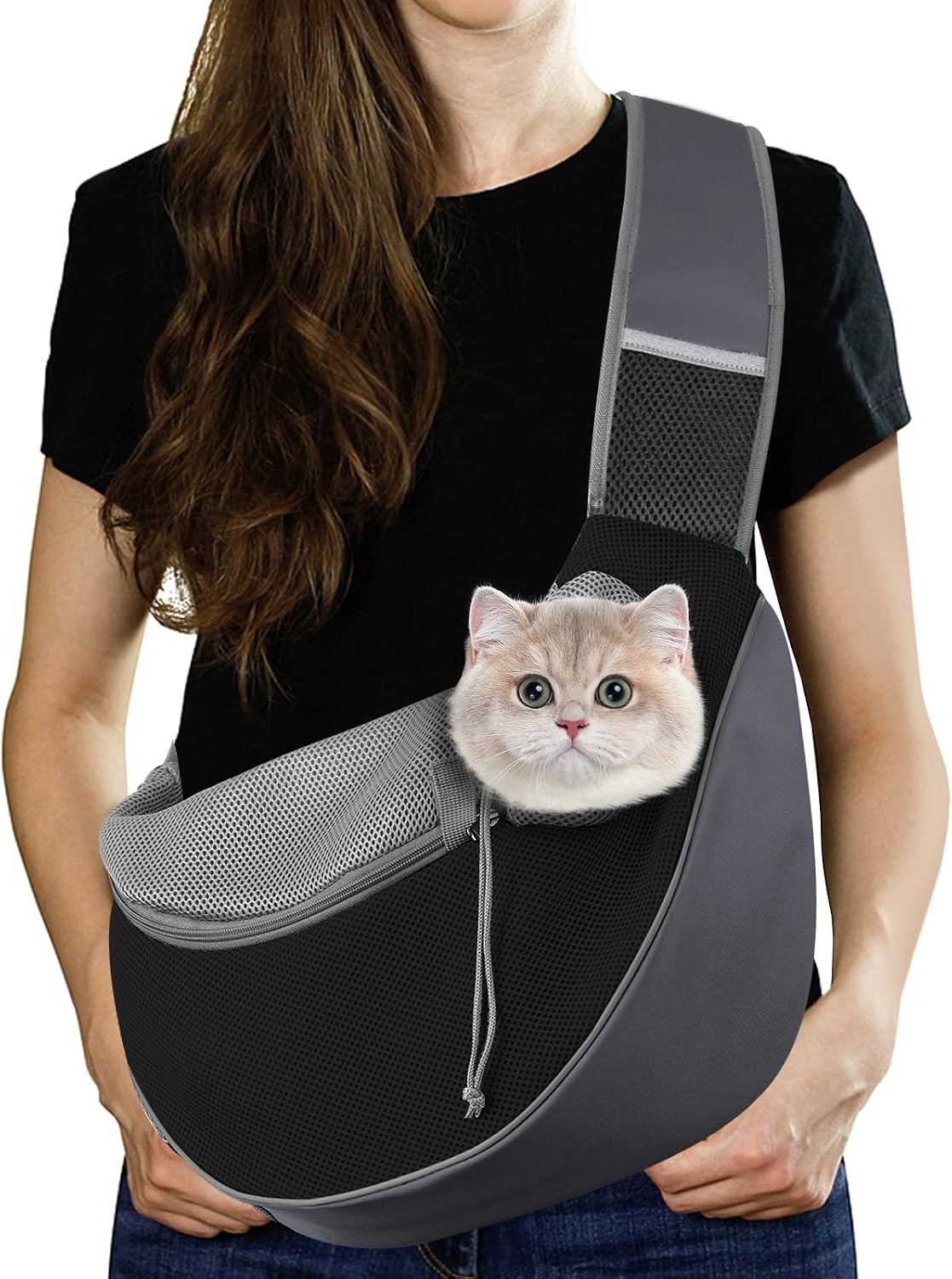 Pawaboo Pet Dog Sling Carrier, Hand Free Drawstring Dog Papoose with Adjustable Strap, Breathable Mesh Bag for Puppy Cat, Crossbody Satchel Dog Purse with Pocket for Outdoor, Dark Gray+Black, Medium - Image 12