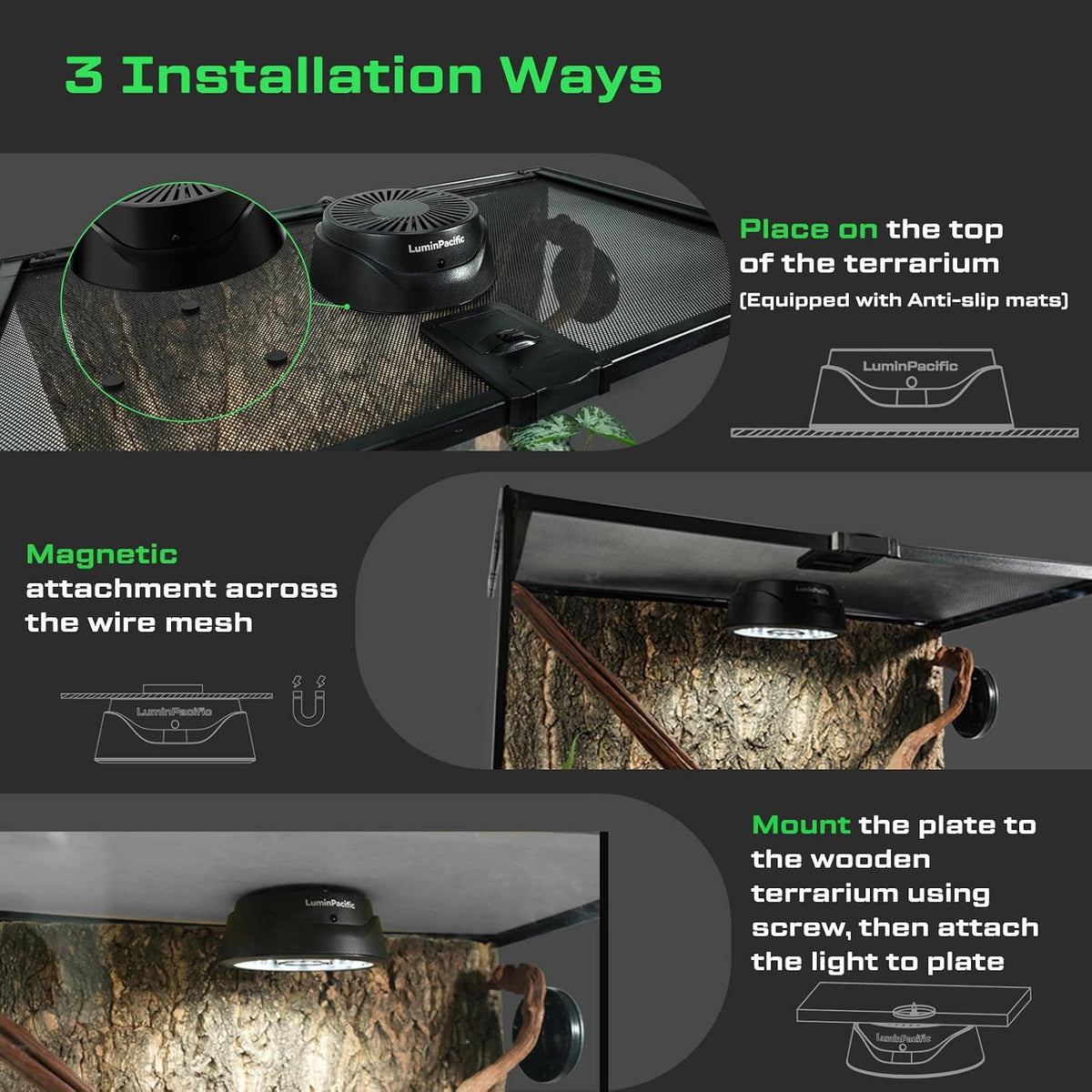 LuminPacific lighting unit mounted inside a reptile enclosure