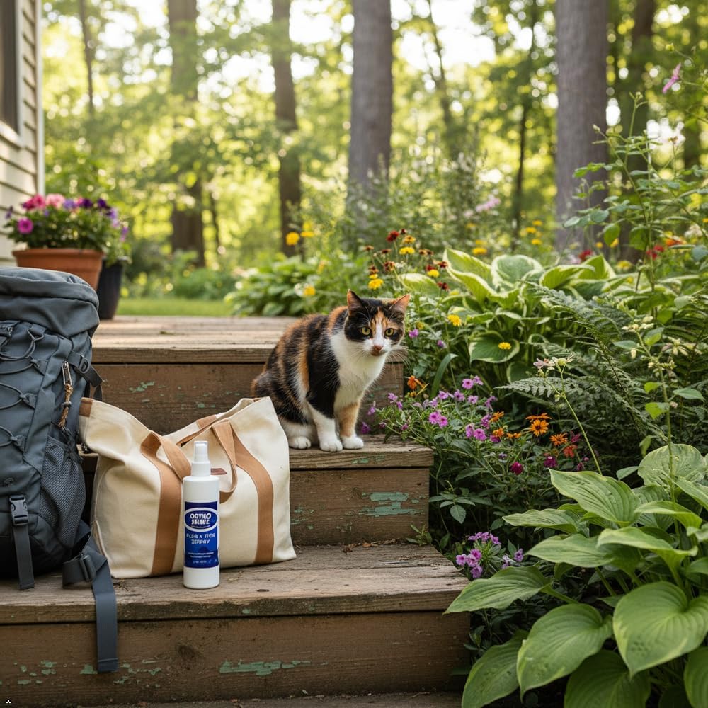 Ortho Pawz pet care spray bottle next to fresh citrus ingredients.