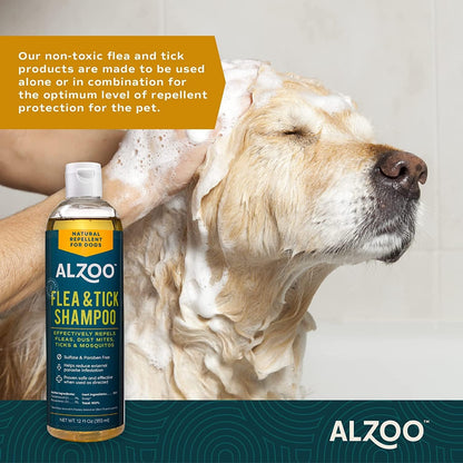 Authentic ALZOO imported flea repellent shampoo bottle back view instructions