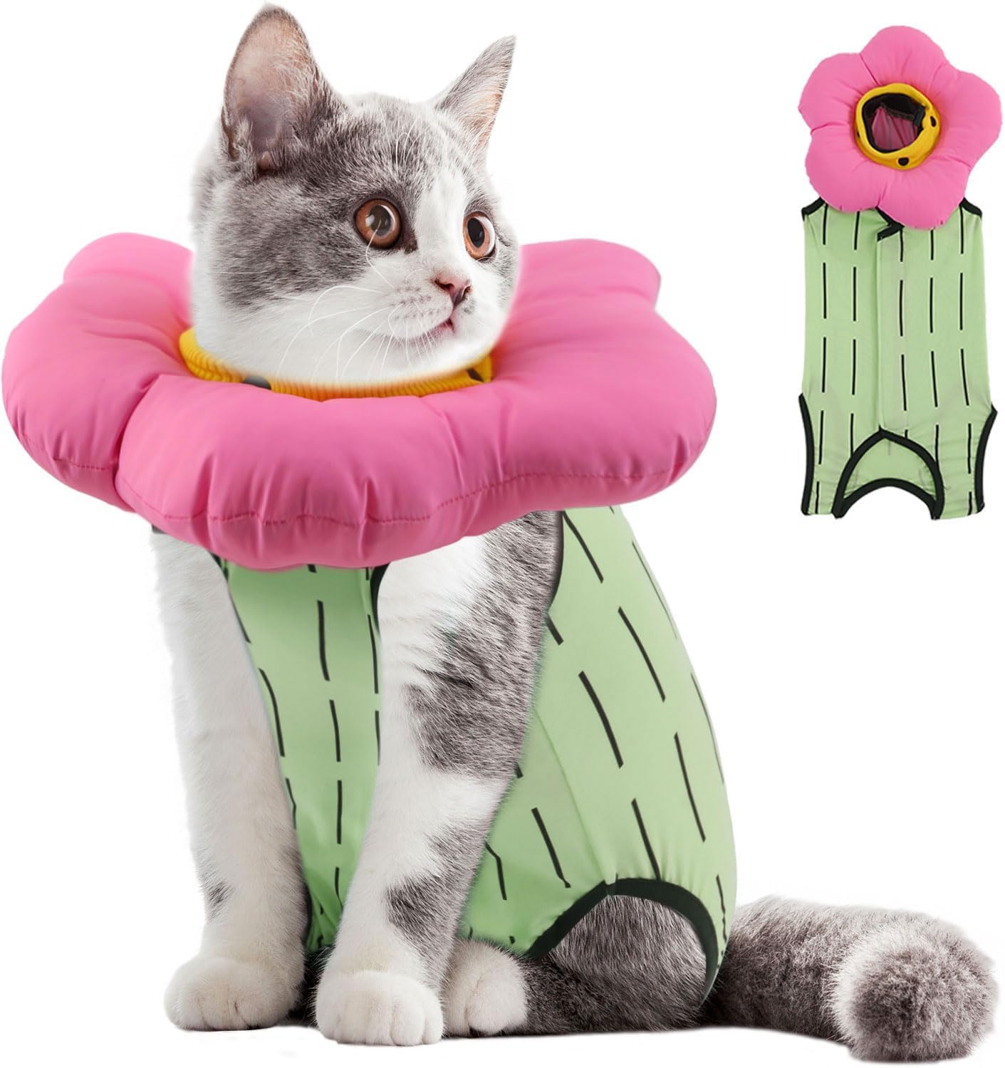 EMUST 2PCS Cat Recovery Suit and Cat Surgery Suit, Cute Cats Surgical Suit for Abdominal Wounds or Skin Diseases, Adjustable Flower Neck Cats Cone Collar Soft for 4-8lb(Green, M) - Image 13