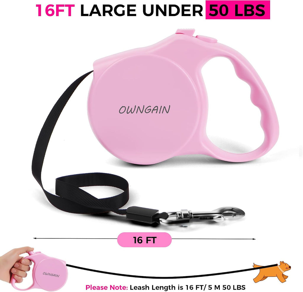 Pink 16 feet retractable dog walking leash extended to show strong nylon tape.