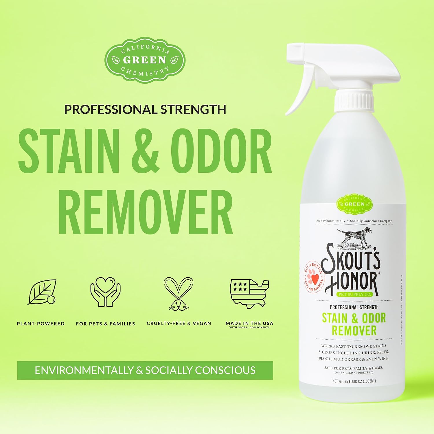 Plant-powered pet stain cleaner spray bottle for removing dog urine