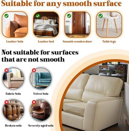 Applying adhesive cat scratch protector to corner of leather chair