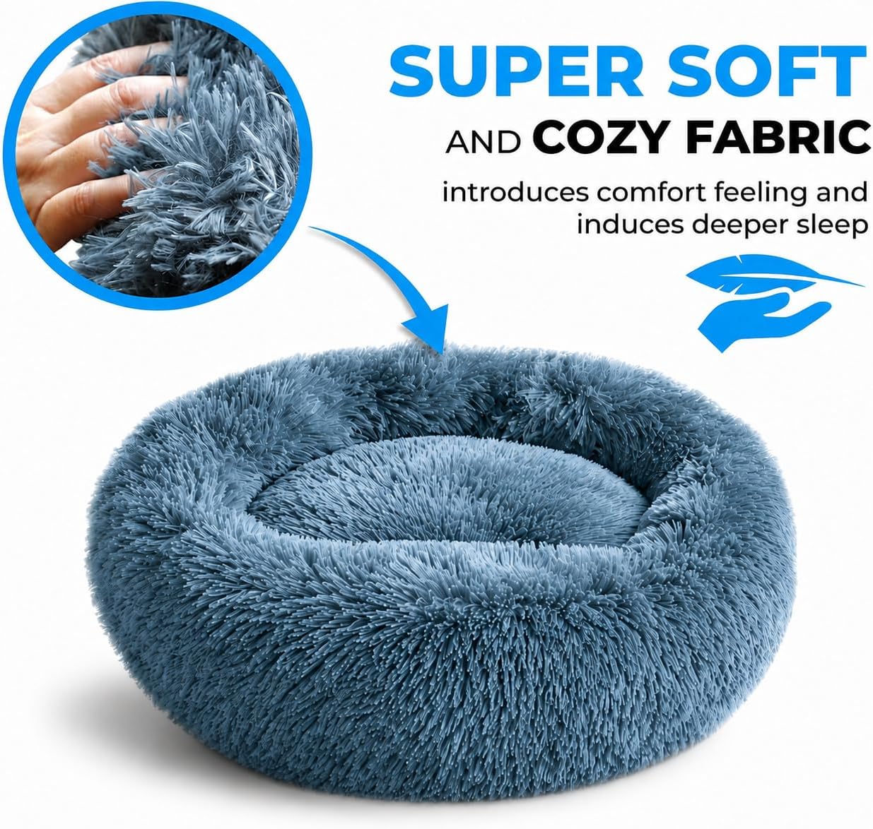 Cat resting inside navy grey plush donut bed
