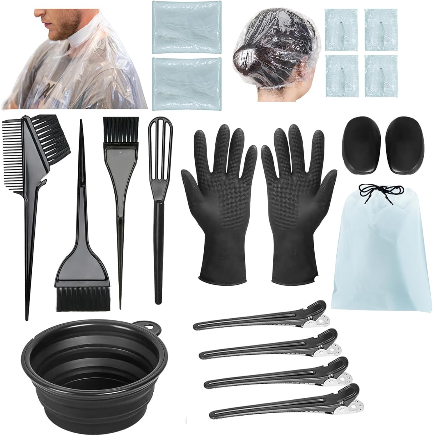 Svjetiq professional hair dye kit front view showcasing twenty one pieces of black coloring accessories.