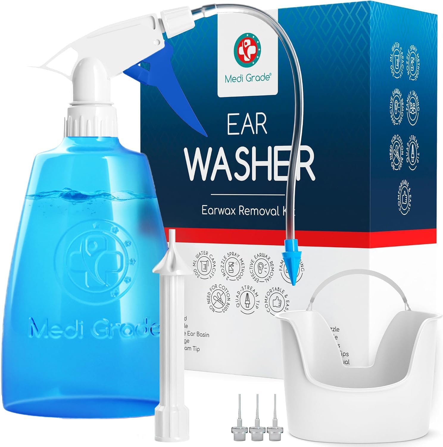 Medi Grade Ear Cleaning Kit front view of 300ml bottle and basin.
