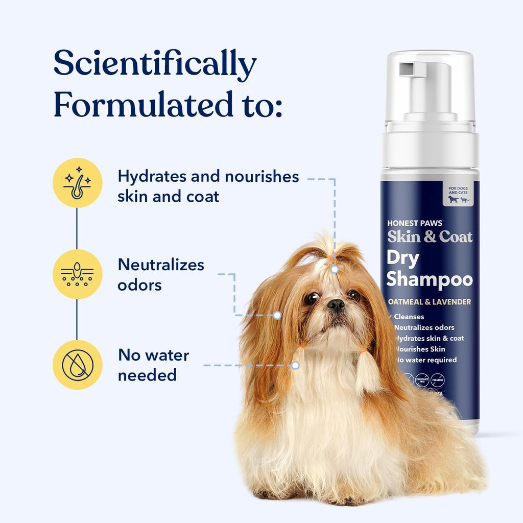 Honest Paws waterless dog shampoo bottle displaying the oatmeal and lavender ingredients logo
