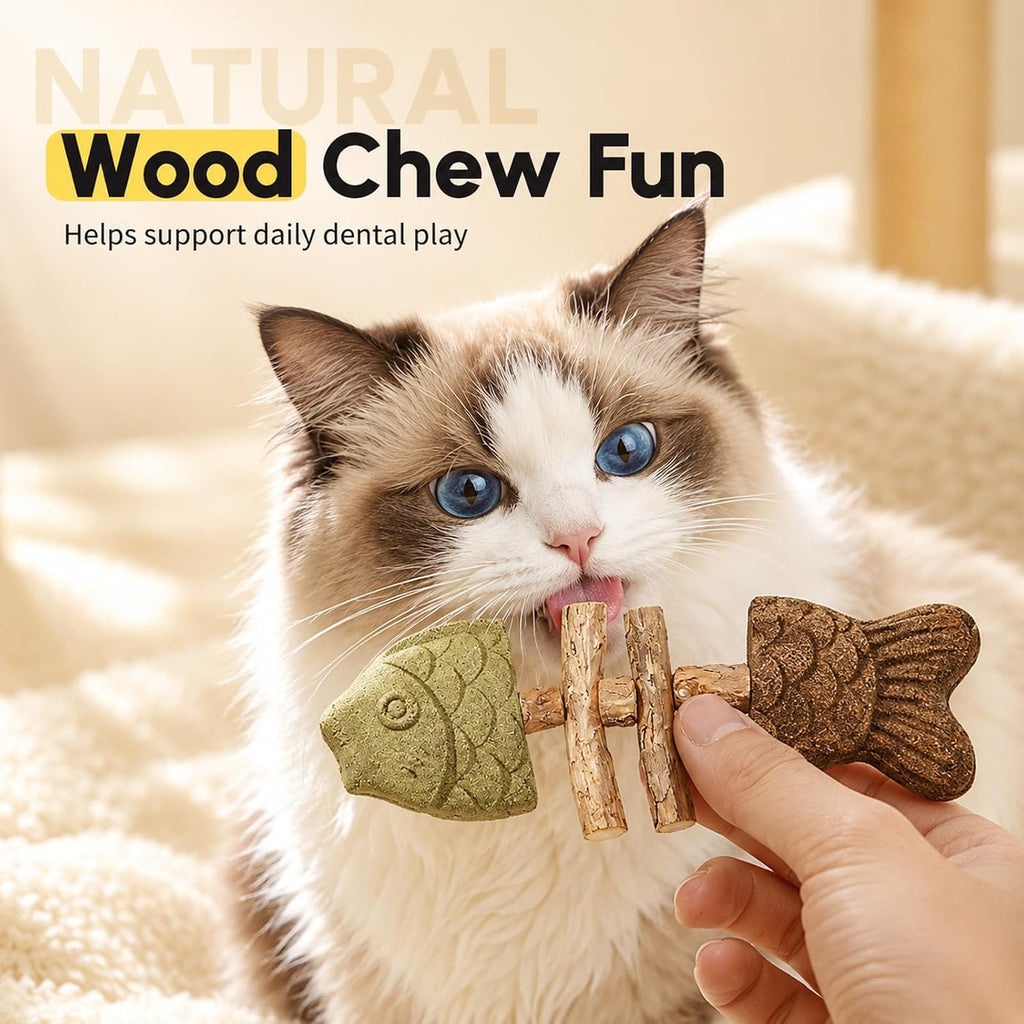 Close up of textured fishbone cat dental chew toy