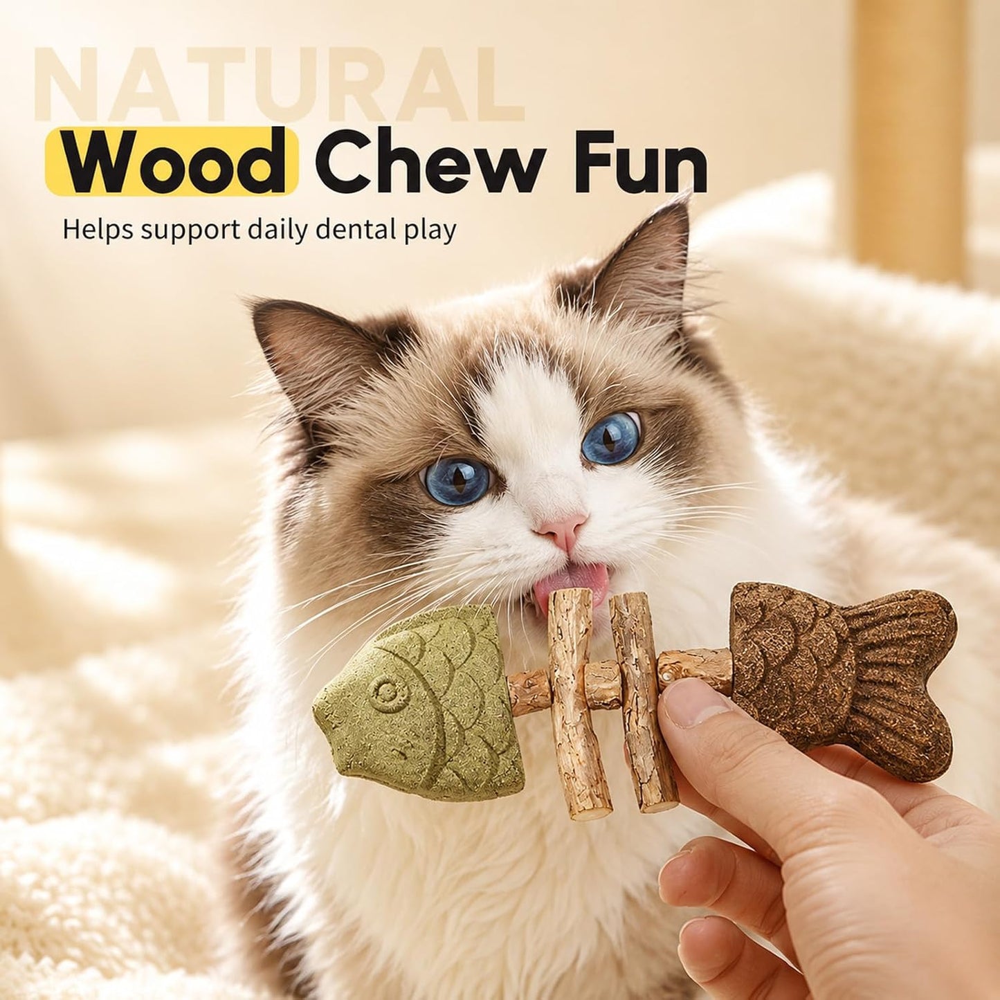 Close up of textured fishbone cat dental chew toy