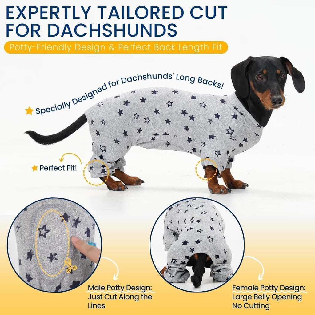 T'CHAQUE starry night dog pjs laid flat showing the four-way stretch stitching details.