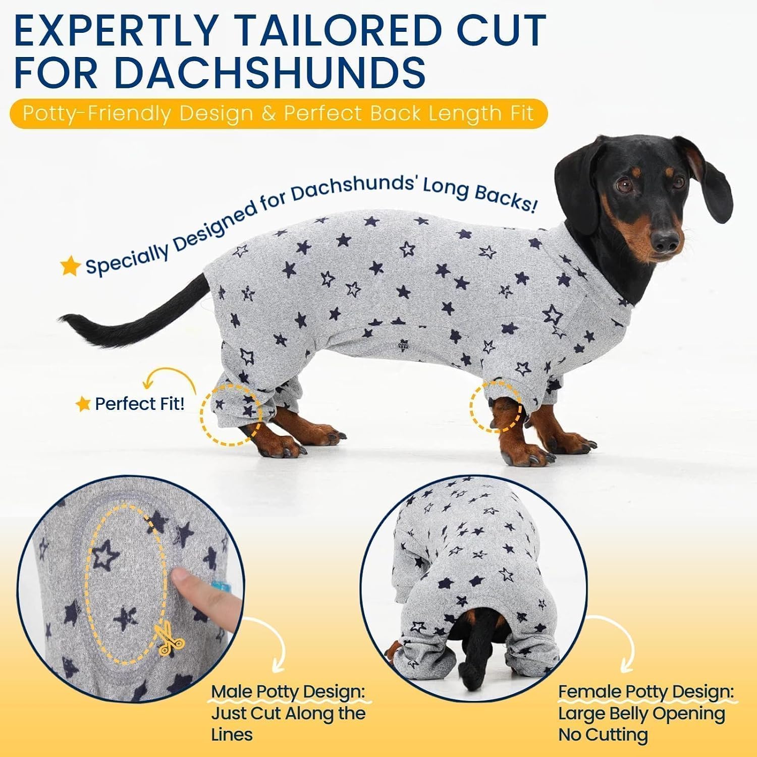 T'CHAQUE starry night dog pjs laid flat showing the four-way stretch stitching details.