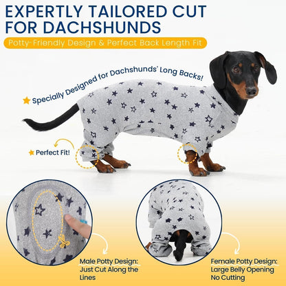 T'CHAQUE starry night dog pjs laid flat showing the four-way stretch stitching details.