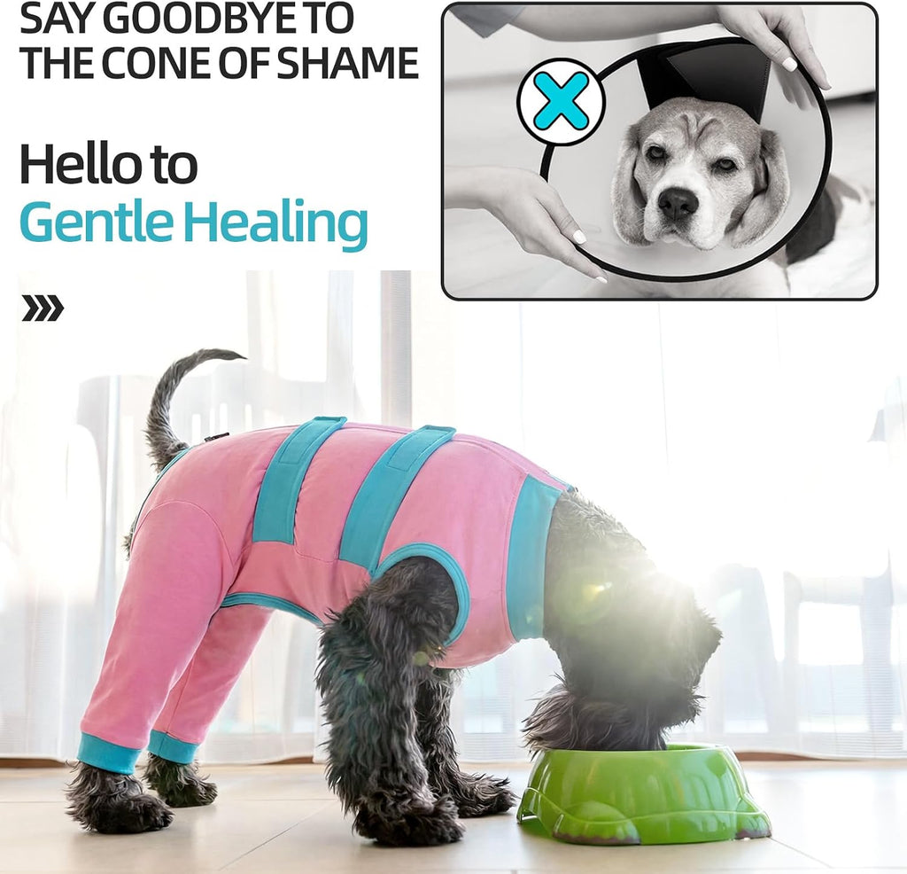 Dog wearing pink Lelepet onesie for wound protection