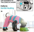 Dog wearing pink Lelepet onesie for wound protection