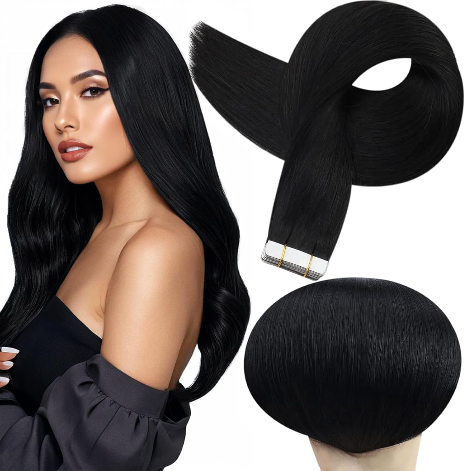 Full Shine Tape In Hair Extensions front view showing authentic 18 inch jet black human hair packs.