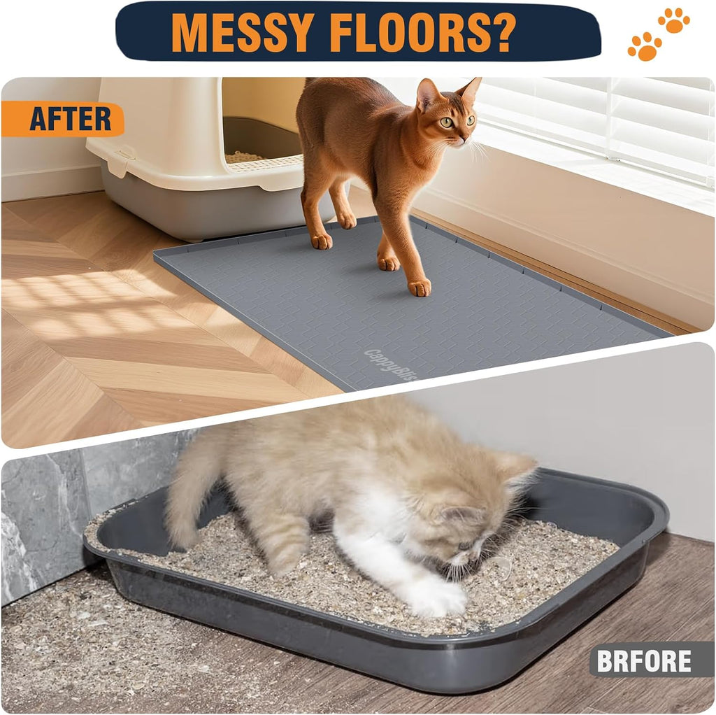 Soft non slip dark gray cat litter mat under a plastic litter tray