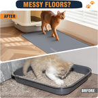 Soft non slip dark gray cat litter mat under a plastic litter tray