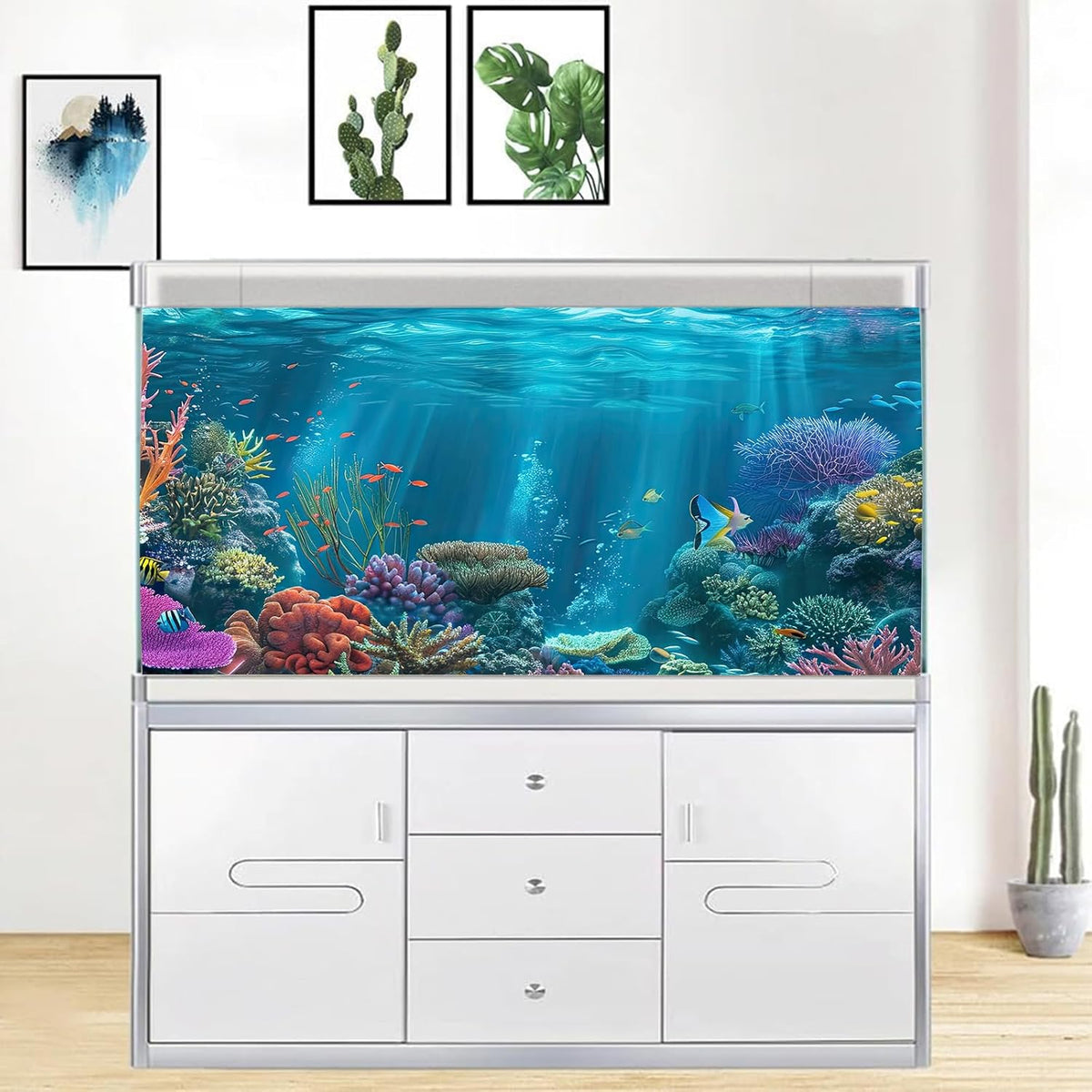 iTapnoom 120x60cm fish tank poster applied cleanly to a glass aquarium setup