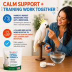 Mixing UnRuffledRx calming powder into bird water dish