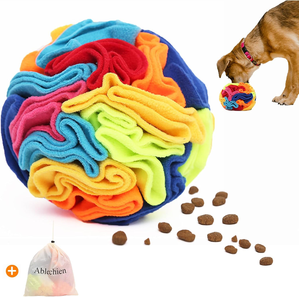 Rainbow colored Ablechien snuffle ball for pet enrichment