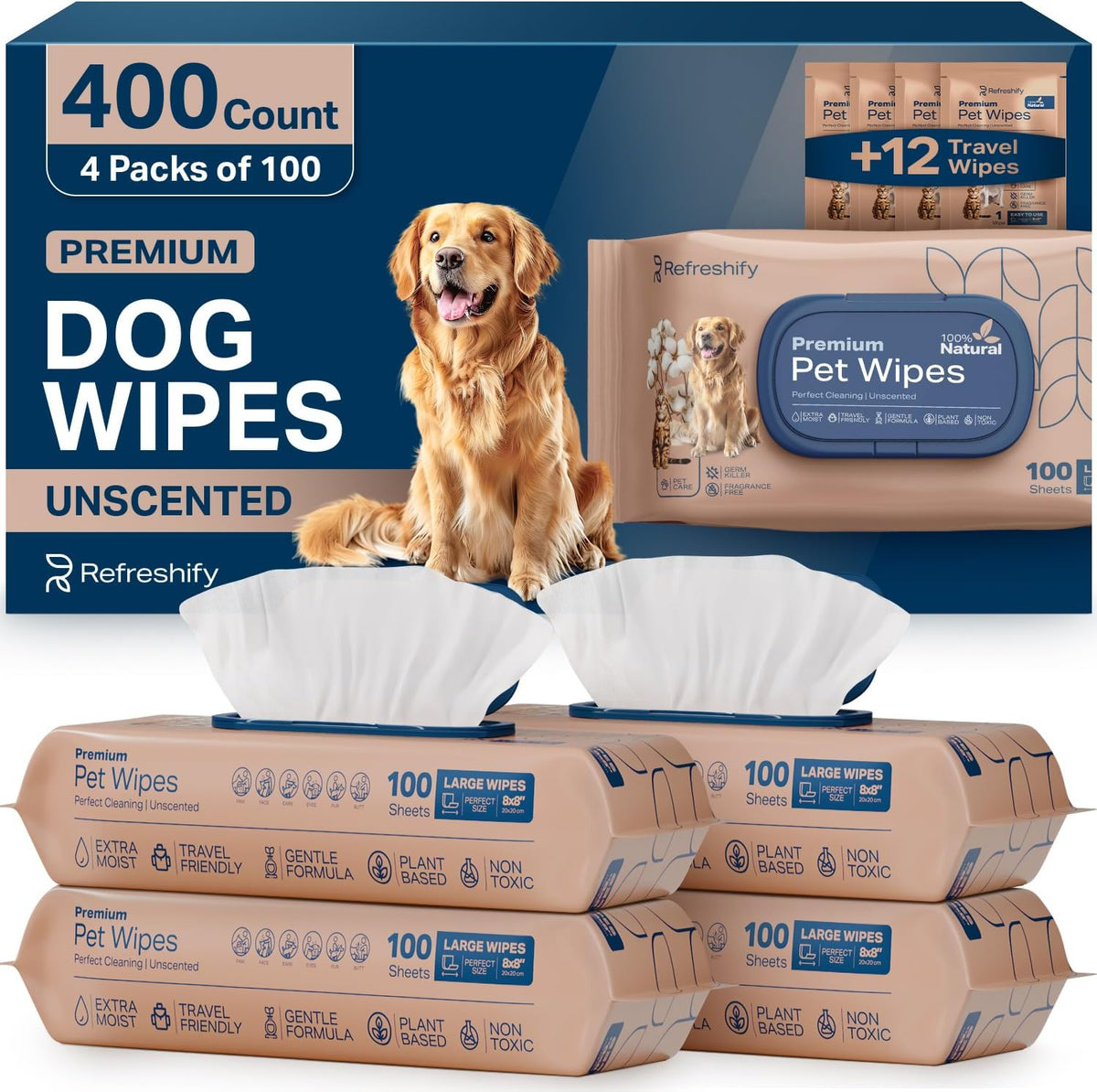 Refreshify plant based unscented pet wipes front view package for dog grooming.
