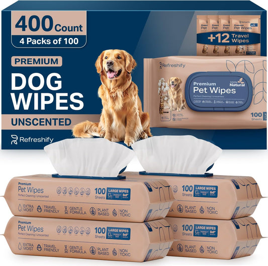 Refreshify plant based unscented pet wipes front view package for dog grooming.