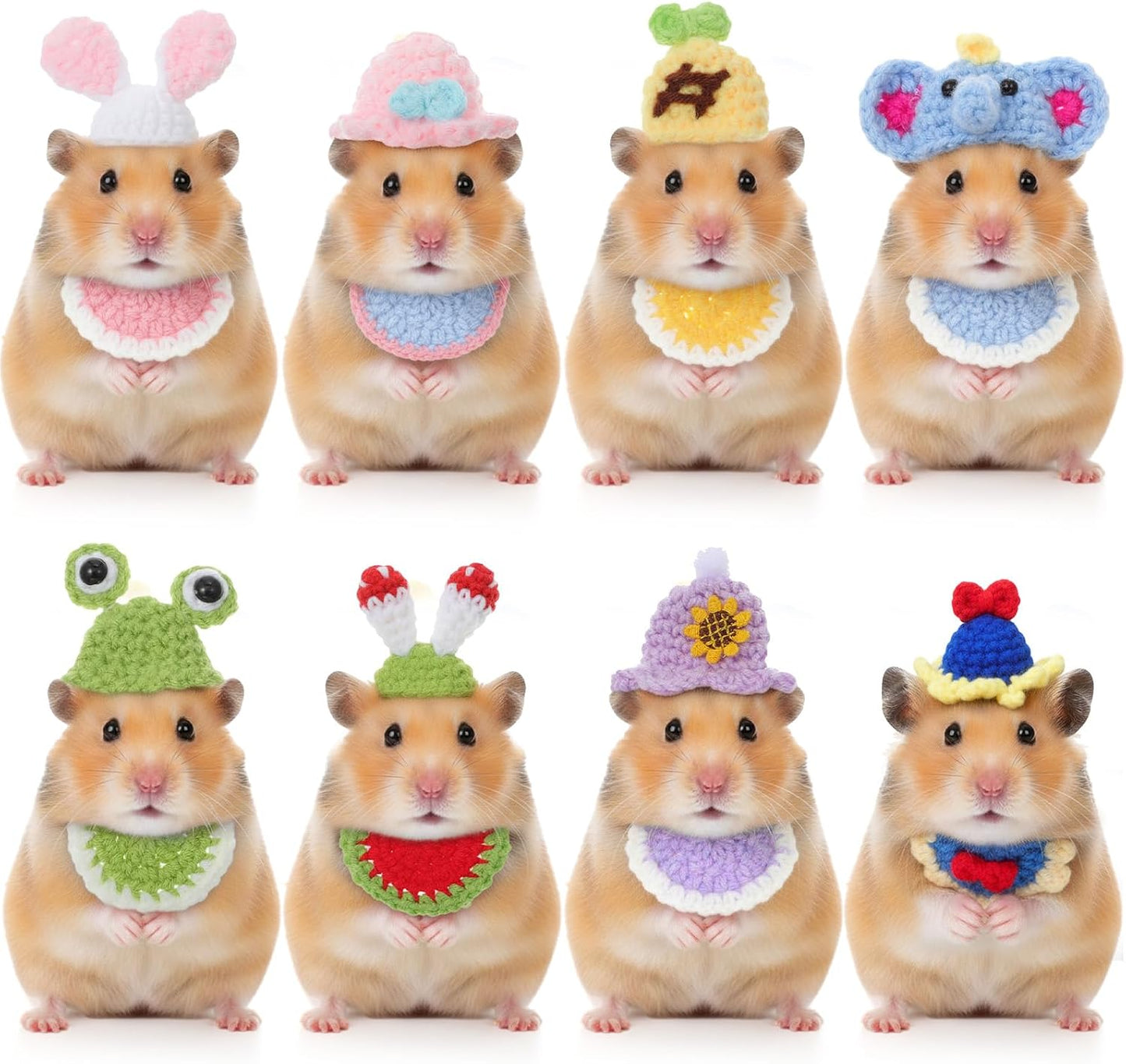 Abbylike 16 Pieces Hamster Hats and Mini Bibs Set front view showcasing colorful hand-knitted small animal costumes.