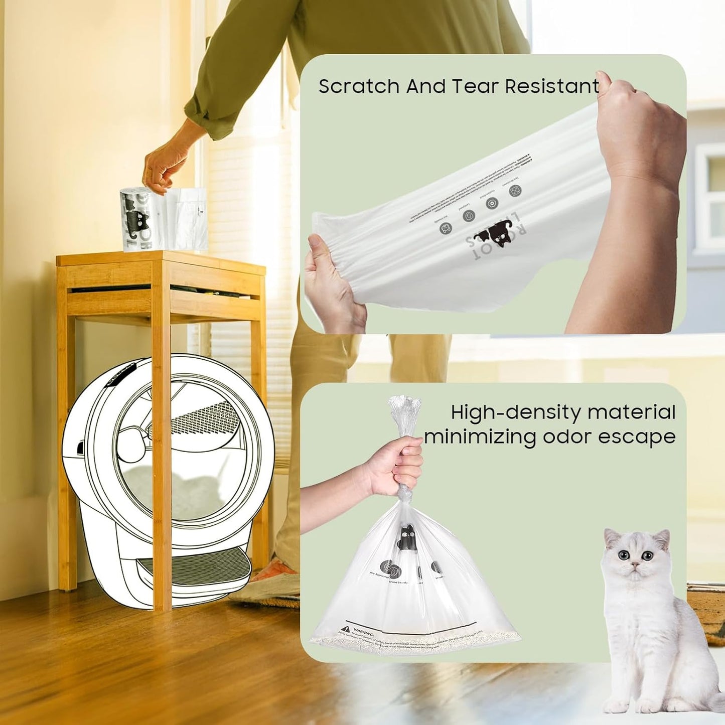 Close up of transparent design on premium imported cat litter robot liner bags