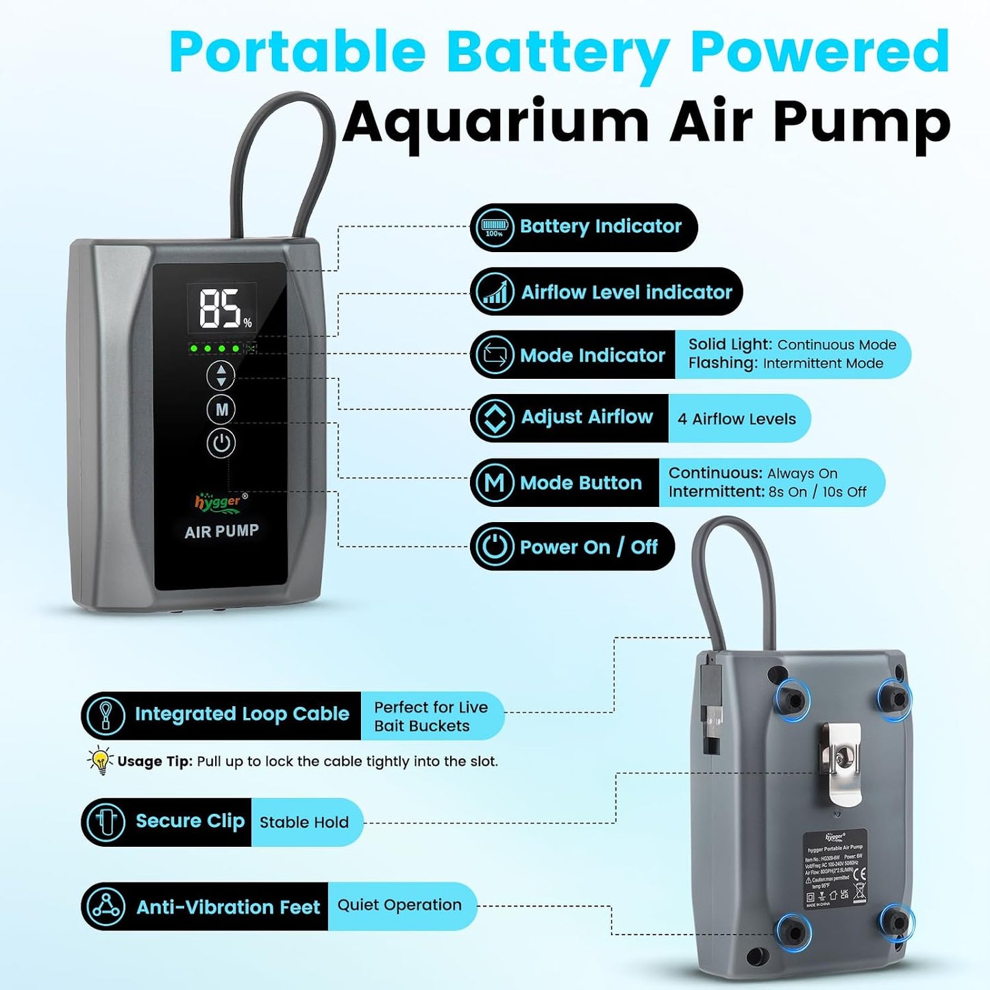 Hygger digital display aquarium air pump showing battery level