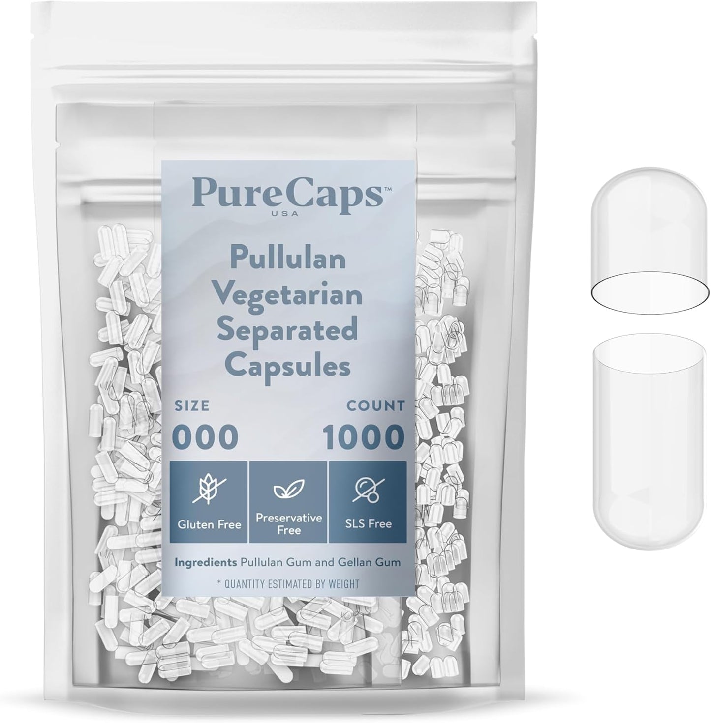 PureCaps USA empty vegetarian size 000 pullulan capsules front view