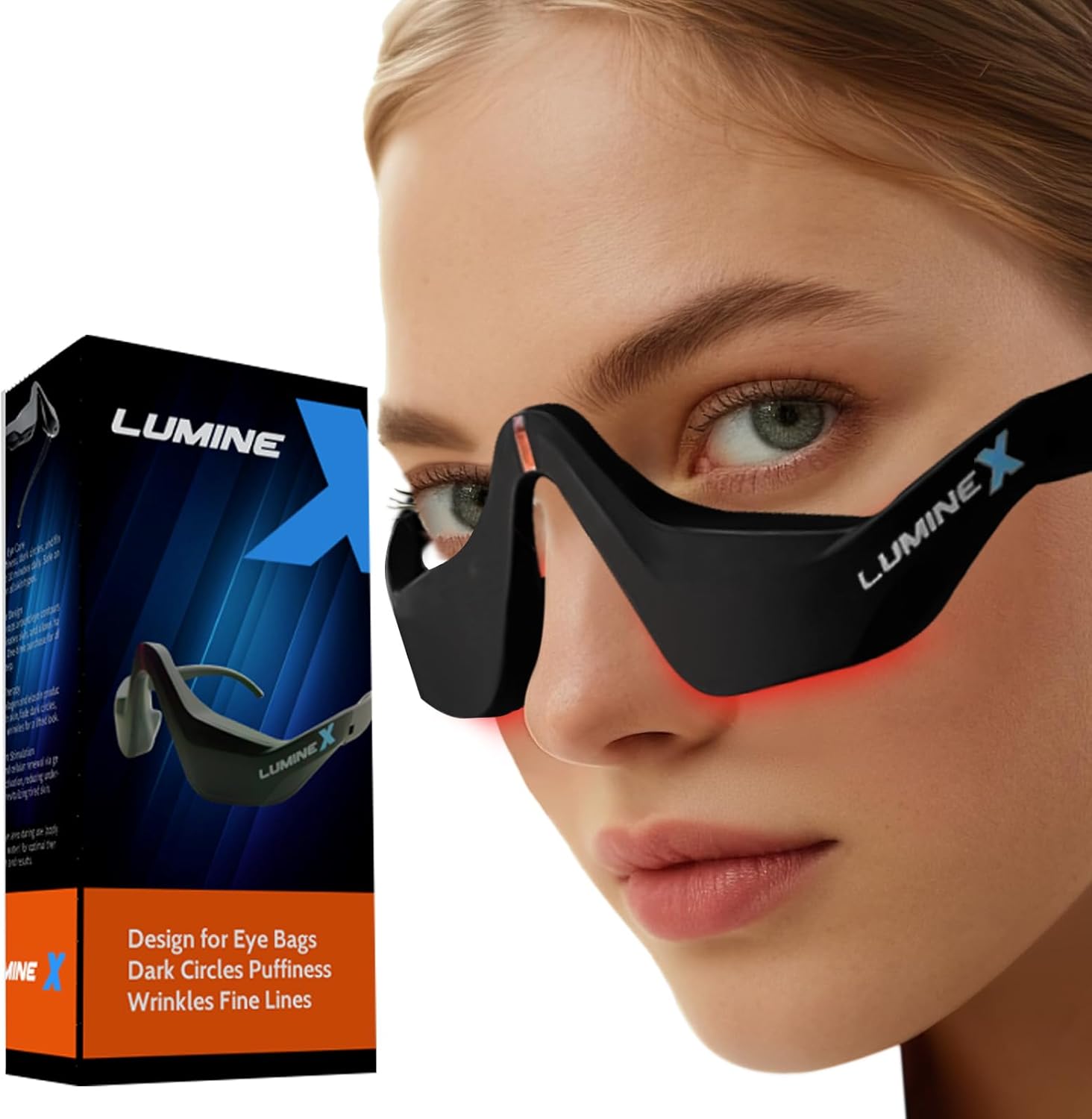 SENHI Under Eye Red Light Therapy Device front view showcasing the red LED lights and ergonomic glasses frame design.