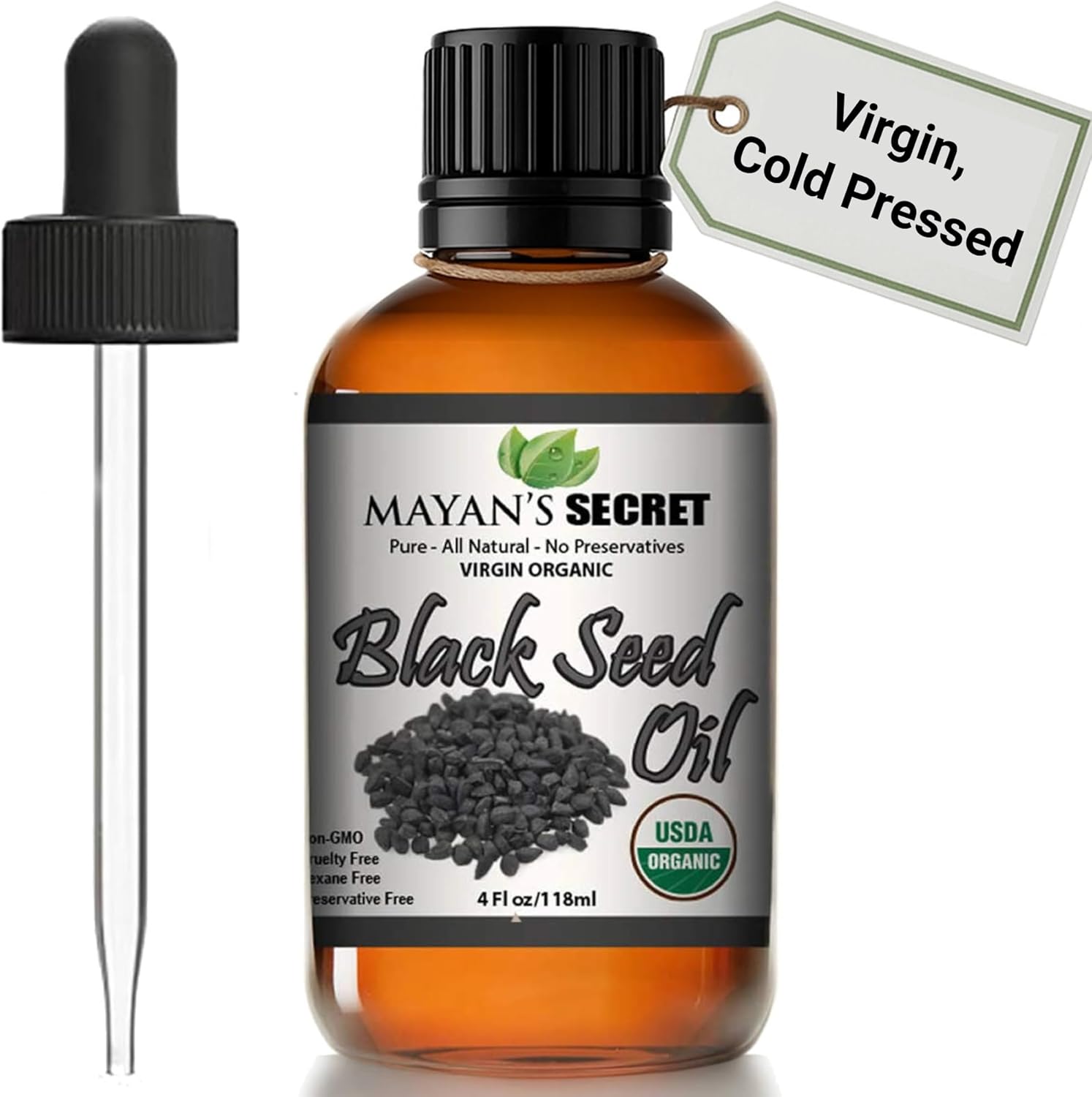 Mayan's Secret Organic Black Cumin Seed Oil four ounce bottle front view.