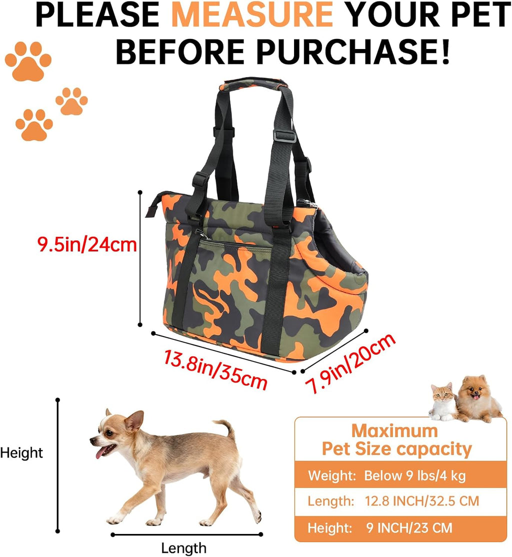 Small dog sitting comfortably inside the Deltamann padded tote bag