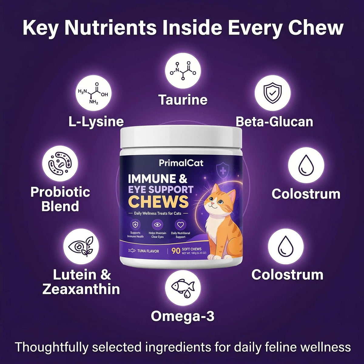 Tuna flavored cat wellness soft chews alongside the nutritional benefits label.