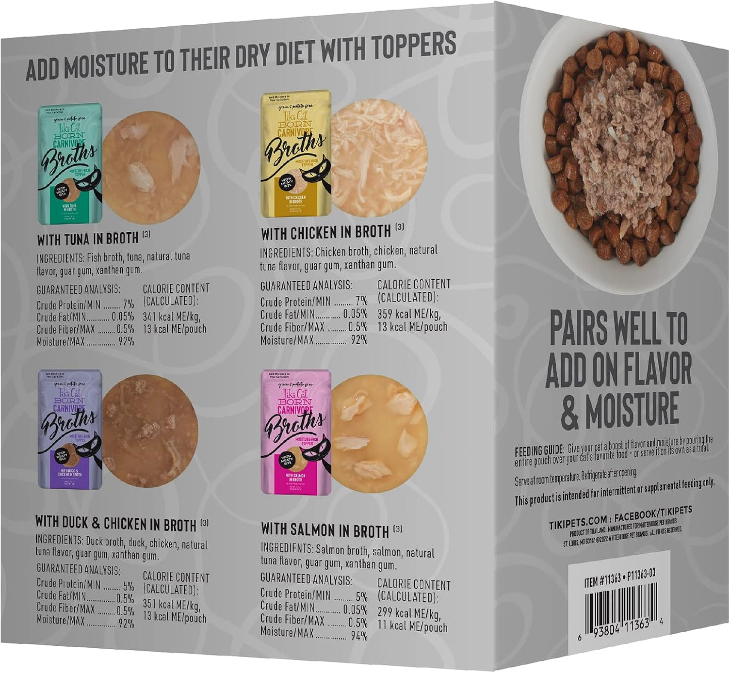 Grain free liquid cat food toppers showing the salmon and tuna flavor varieties.