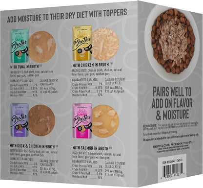 Grain free liquid cat food toppers showing the salmon and tuna flavor varieties.