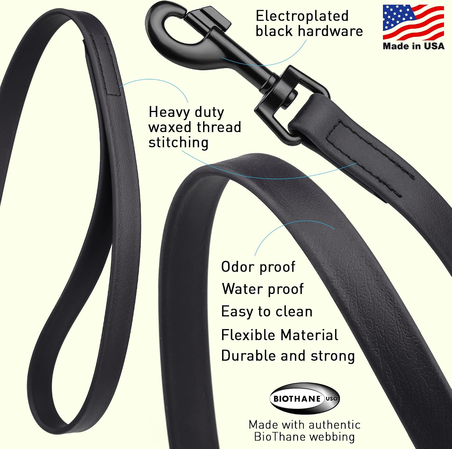 Dogline Biothane waterproof leash showing durable black swivel clip