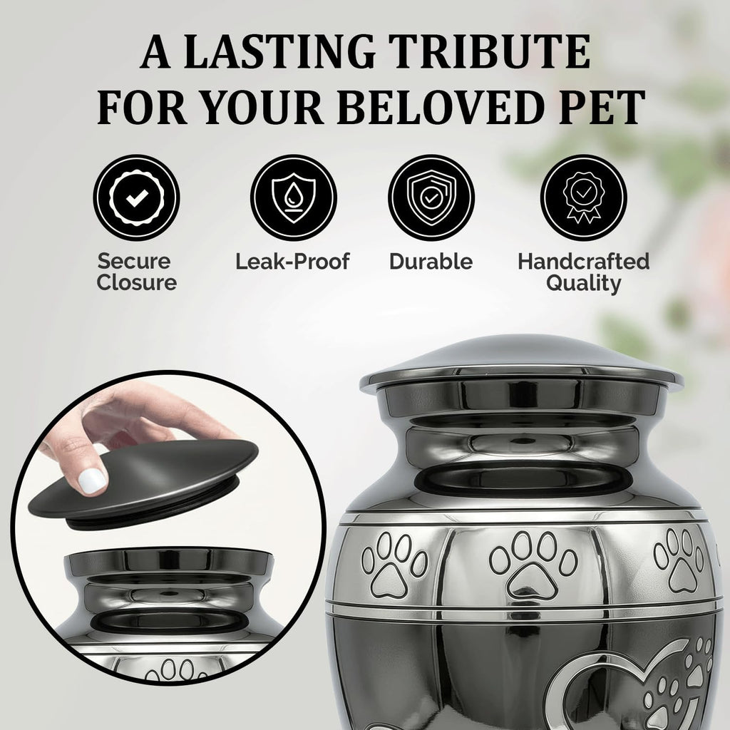 Close up of paw print engraving on slate gray urn