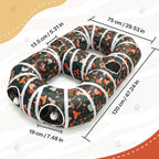 Collapsible pet tunnel folded down into a compact disc next to its travel storage bag.