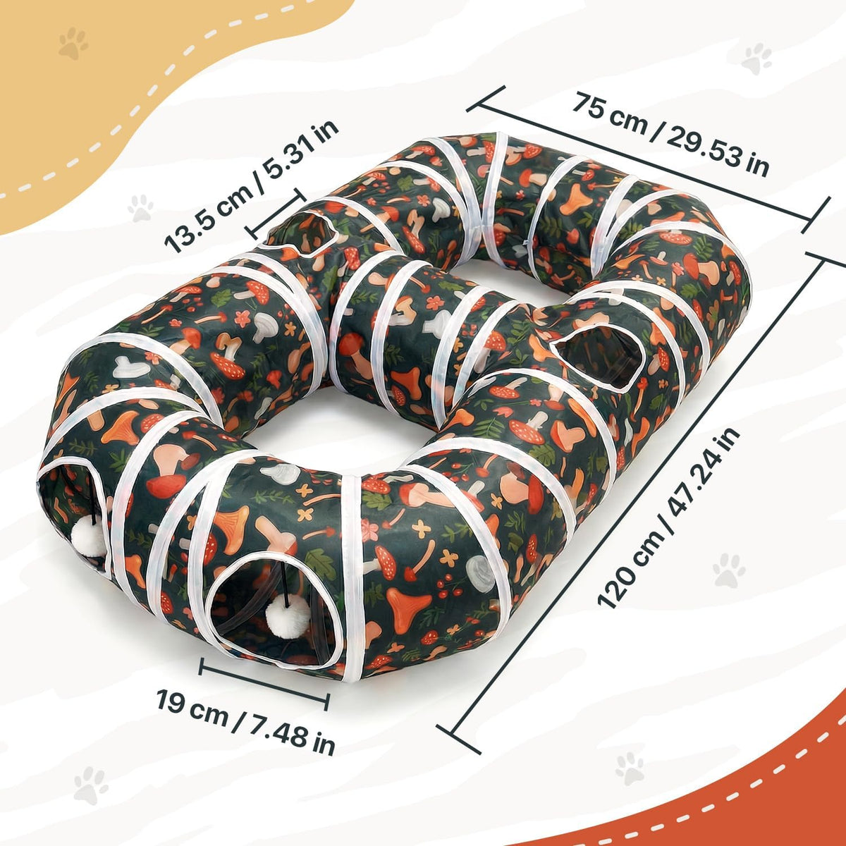 Collapsible pet tunnel folded down into a compact disc next to its travel storage bag.