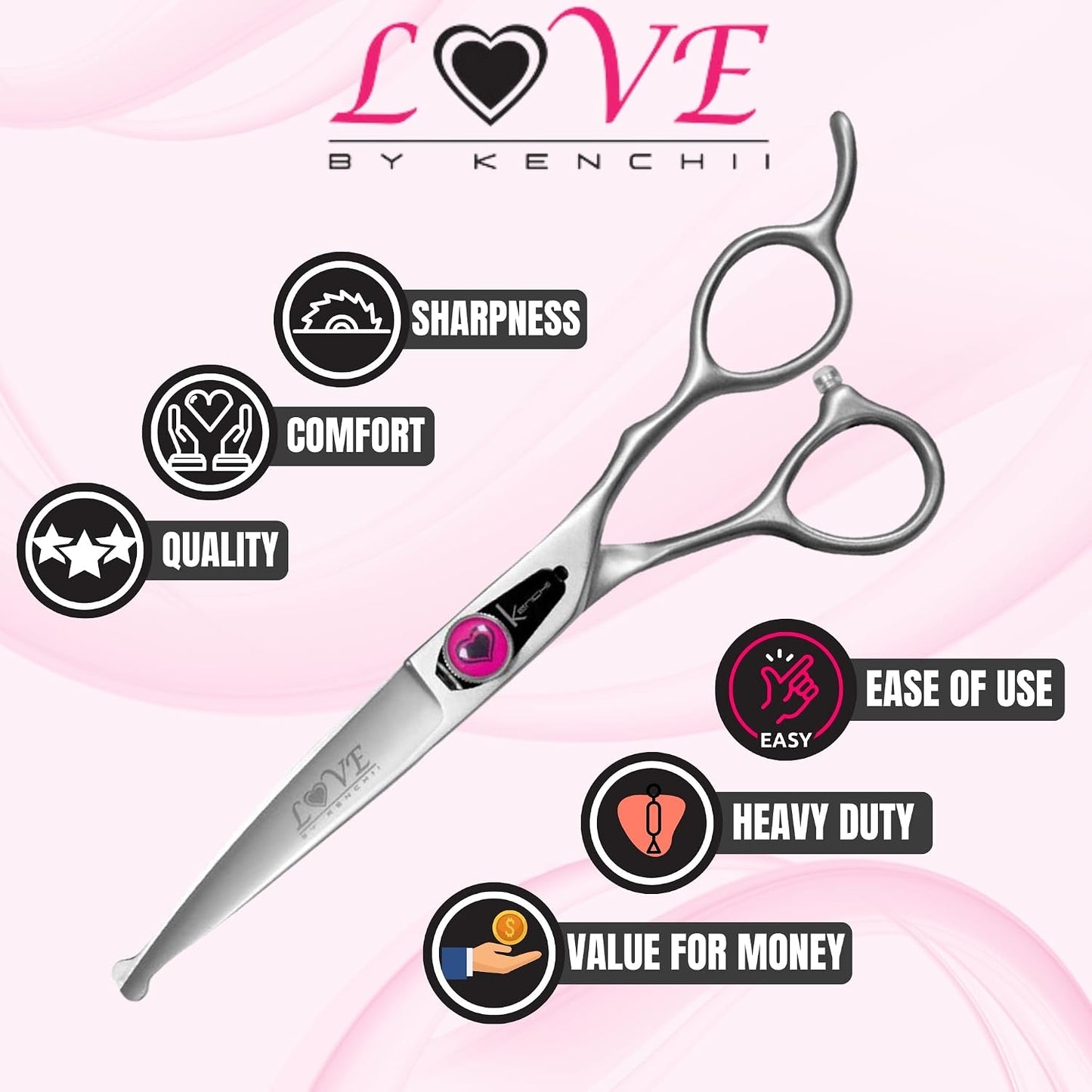 Kenchii Love 6.5 inch curved pet scissors inside the custom storage case.