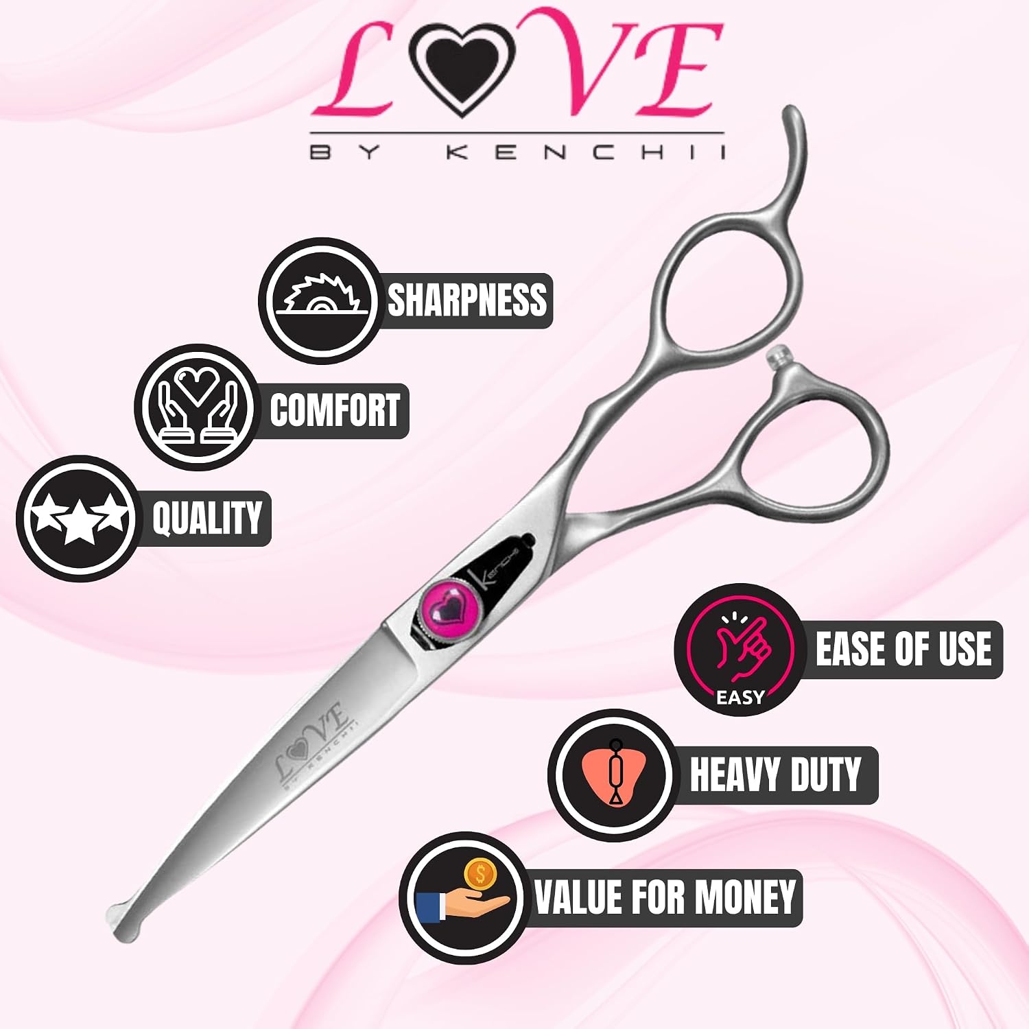 Kenchii Love 6.5 inch curved pet scissors inside the custom storage case.