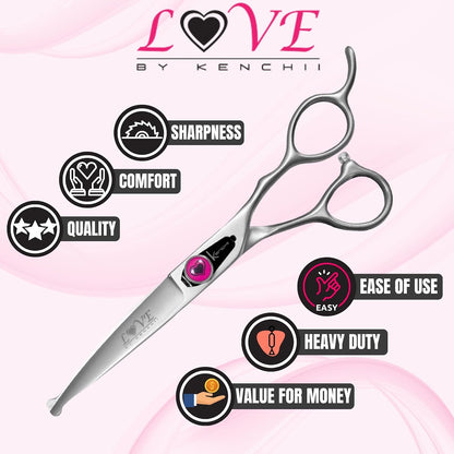 Kenchii Love 6.5 inch curved pet scissors inside the custom storage case.